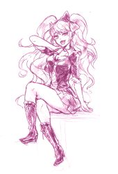 Rule 34 | 10s, 1girl, bad id, bad pixiv id, boots, bow, breasts, cleavage, crossed legs, danganronpa: trigger happy havoc, danganronpa (series), enoshima junko, full body, high heel boots, high heels, hinamikan, long hair, looking at viewer, monochrome, necktie, open mouth, ribbon, school uniform, simple background, sitting, sketch, skirt, smile, solo, traditional media, very long hair