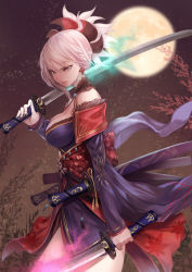 Rule 34 | 1girl, black dress, blonde hair, breasts, commentary request, cowboy shot, detached sleeves, dress, dual wielding, earrings, fate (series), from side, highres, holding, holding weapon, jewelry, katana, long sleeves, looking at viewer, looking to the side, miyamoto musashi (fate), miyamoto musashi (third ascension) (fate), moon, omoti (1201208), outdoors, sash, side slit, sidelocks, solo, standing, sword, tassel, weapon