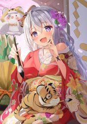 Rule 34 | 1girl, blush, highres, indie virtual youtuber, japanese clothes, kimono, looking at viewer, matcha (user yyss8744), naito mare (vtuber), paintbrush, purple eyes, red kimono, tagme, tiger, virtual youtuber