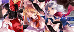 Rule 34 | armpits, between fingers, black hair, blonde hair, blue eyes, bow, broom, detached sleeves, hair bow, hakurei reimu, hat, hat bow, highres, holding, holding knife, izayoi sakuya, japanese clothes, kirisame marisa, knife, knives between fingers, kutsuki kai, maid, maid headdress, miko, outdoors, perfect cherry blossom, ponytail, red eyes, sarashi, scarf, shawl, skirt, skirt set, smile, throwing knife, touhou, upper body, weapon, witch hat, yellow eyes