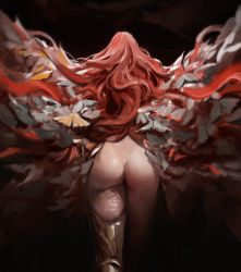 Rule 34 | 1girl, ass, cccccyoo, completely nude, cowboy shot, elden ring, facing away, from behind, hair wings, highres, long hair, malenia blade of miquella, malenia goddess of rot, nude, prosthesis, prosthetic arm, red hair, solo, spread legs, spread wings, standing, very long hair