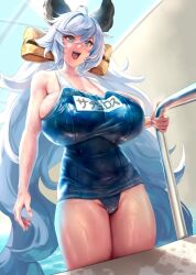 Rule 34 | 1girl, alternate breast size, bare shoulders, blue hair, blue one-piece swimsuit, breasts, covered navel, eu03, granblue fantasy, grey eyes, groin, huge breasts, long hair, low twintails, name tag, old school swimsuit, one-piece swimsuit, open mouth, pool ladder, satyr (granblue fantasy), school swimsuit, skindentation, smile, solo, swimsuit, teeth, thick thighs, thighs, tongue, twintails, upper teeth only, very long hair, wet, wet clothes, wet swimsuit