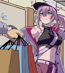 Rule 34 | 1boy, 1girl, 3 small spiders, aqua eyes, ar-57 (girls&#039; frontline), bag, black tank top, blush, breasts, earrings, girls&#039; frontline, hand grab, highres, holding, holding bag, jacket, jewelry, long hair, looking away, medium breasts, musical note, navel, open clothes, open jacket, open mouth, purple eyes, simple background, tank top, upper body, white headwear, white jacket