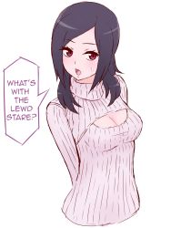 Rule 34 | 00s, 1girl, blush, breasts, cleavage, cleavage cutout, clothing cutout, fresh precure!, hard-translated, higashi setsuna, highres, long hair, meme attire, open-chest sweater, precure, purple hair, red eyes, ribbed sweater, simple background, solo, sweater, third-party edit, translated, turtleneck, unpale