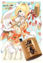 Rule 34 | 1girl, 2023, animal ears, aqua eyes, blonde hair, blush, blush stickers, bow, chinese zodiac, commentary request, egasumi, floral print, flower, food, full body, fur-trimmed kimono, fur trim, hair bow, highres, holding, holding mallet, japanese clothes, kimono, kine, long hair, looking at viewer, mallet, mochi, nanagaedemo, new year, open mouth, original, pom pom (clothes), print kimono, rabbit, rabbit ears, red ribbon, ribbon, shide, smile, twintails, white rabbit (animal), year of the rabbit