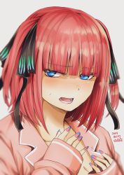 Rule 34 | 1girl, blue eyes, blue nails, blush, breasts, butterfly hair ornament, cleavage, dated, embarrassed, fingernails, go-toubun no hanayome, grey background, hair ornament, hands up, highres, hoshi san 3, looking at viewer, lower teeth only, medium hair, multicolored nails, nail polish, nakano nino, open mouth, pajamas, pink pajamas, pink shirt, purple nails, red hair, shirt, simple background, sleeves past wrists, solo, sweat, sweatdrop, teeth, two side up, upper body, white background