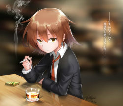 Rule 34 | 10s, 1girl, 2016, alcohol, bar (place), between fingers, blazer, blurry, brown eyes, brown hair, cigarette, cigarette pack, collared shirt, dated, depth of field, elbow rest, expressionless, glasses, hair between eyes, holding, holding cigarette, jacket, kantai collection, kasu kazu, looking at viewer, matching hair/eyes, name connection, necktie, open clothes, open jacket, reflection, school uniform, shirt, short hair, signature, smoking, solo, text focus, translation request, wakaba (kancolle), whiskey, white shirt