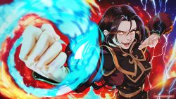Rule 34 | 1girl, artist name, avatar: the last airbender, avatar legends, azula, black hair, blue fire, brown eyes, clenched hand, electricity, electrokinesis, element bending, evil smile, fighting stance, fire, glowing, glowing eyes, hair down, highres, lightning, magion02, open mouth, parted bangs, patreon username, pyrokinesis, smile, solo