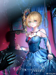 Rule 34 | 1girl, 1other, black hands, blonde hair, blue dress, braid, breasts, cleavage, crown braid, curtains, diadem, dress, drill hair, furrowed brow, glass shards, green eyes, hair between eyes, hanging, highres, holding, holding wand, long hair, looking to the side, medium breasts, medium dress, noose, official alternate costume, parted lips, picture frame, reverse:1999, see-through, see-through cleavage, see-through sleeves, short sleeves, side drill, skirt hold, solo focus, sotheby, tul tuzi, upper body, wand, watermark, weibo logo, weibo watermark