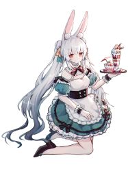 Rule 34 | 1girl, animal ear fluff, animal ears, apron, aqua dress, aqua ribbon, black footwear, bow, clover theater, cup, detached sleeves, double bun, dress, fiore (clover theater), full body, hair bun, hair ribbon, highres, holding, holding tray, kneeling, long hair, looking at viewer, orange eyes, orange ribbon, parfait, rabbit ears, red bow, ribbon, riinougat, shoes, short sleeves, solo, tray, twintails, very long hair, white apron, white background, white hair, wrist cuffs