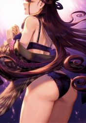 Rule 34 | 1girl, absurdres, ass, bare shoulders, bra, fate/grand order, fate (series), from behind, gradient background, highres, lingerie, long hair, mashuu (neko no oyashiro), murasaki shikibu (fate), out of frame, panties, scan, simple background, solo, thighs, underwear, underwear only