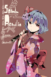 Rule 34 | 1girl, :/, alternate costume, aoi kujira, blue hair, bow, bright pupils, flower, from side, hair bow, hair flower, hair ornament, hand fan, japanese clothes, kimono, looking at viewer, no headwear, no headwear, red eyes, remilia scarlet, short hair, solo, touhou, white pupils, wide sleeves