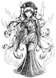 Rule 34 | 1girl, alvares, contrapposto, dress, energy, fox tail, full body, greyscale, hand up, hat, highres, junko (touhou), lips, long hair, long sleeves, looking at viewer, monochrome, multiple tails, obi, open hand, open mouth, ribbon, sash, smile, solo, standing, tabard, tail, thighs, touhou, very long hair, wide sleeves