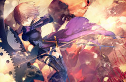 Rule 34 | 1girl, ahoge, armor, armored dress, battle, battlefield, black gloves, black thighhighs, blocking, building, commentary, dutch angle, elbow gloves, fate/grand order, fate (series), flag, gauntlets, gloves, greaves, hair over one eye, holding, holding shield, injury, kazutake hazano, leotard, mash kyrielight, open mouth, purple eyes, purple hair, scratches, sheath, sheathed, shield, short hair, smoke, solo, sweat, sword, thigh strap, thighhighs, thighs, weapon