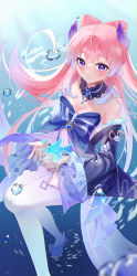 Rule 34 | 1girl, absurdres, blue horns, blunt bangs, blush, bow-shaped hair, breasts, bubble, choker, cleavage, collar, educk, fish, frilled sleeves, frills, genshin impact, gradient hair, highres, horns, jellyfish, lace-trimmed choker, lace trim, long hair, looking at viewer, medium breasts, multicolored hair, pink hair, purple eyes, sangonomiya kokomi, shorts, solo, thighhighs, underwater, water drop, white shorts, wide sleeves