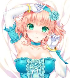 Rule 34 | 00s, 1girl, aqua choker, aqua dress, aqua hairband, armpits, bed sheet, blonde hair, blue flower, blue hairband, blue rose, blush, bracelet, breasts, choker, cleavage, closed mouth, collarbone, colored eyelashes, dress, elbow gloves, female focus, flower, frills, from above, gloves, gradient background, green eyes, hair flower, hair ornament, hairband, jewelry, large breasts, looking at viewer, lying, mismatched eyelashes, natalia luzu kimlasca lanvaldear, official alternate costume, on back, on bed, rose, short hair, shuragyoku mami, solo, strapless, strapless dress, tales of (series), tales of the abyss, upper body, white gloves
