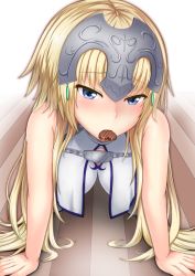 Rule 34 | 1girl, all fours, bare arms, bare shoulders, blonde hair, blue eyes, blush, breasts, candy, chain, chocolate, chocolate heart, embarrassed, fate/apocrypha, fate/grand order, fate (series), feeding, food, food in mouth, headpiece, heart, highres, incoming food, jeanne d&#039;arc (fate), jeanne d&#039;arc (ruler) (fate), jeanne d&#039;arc (third ascension) (fate), long hair, looking at viewer, medium breasts, mouth hold, nose blush, okuriyuku, pov feeding, solo, valentine