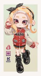 Rule 34 | 1girl, :3, absurdres, black bow, black footwear, black hairband, black shorts, blonde hair, border, bow, closed mouth, commentary request, ear piercing, full body, green background, hairband, highres, jacket, letterman jacket, medium hair, myon rio, nintendo, octoling, octoling girl, octoling player character, piercing, red eyes, shoes, short shorts, shorts, simple background, sleeves past wrists, smile, solo, splatoon (series), standing, standing on one leg, tentacle hair, v, white border, yellow trim