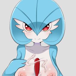 Rule 34 | 1girl, alternate color, blue hair, blue skin, blush, bob cut, breasts, closed mouth, collarbone, colored skin, creatures (company), cum, cum on body, cum on breasts, cum on upper body, female focus, game freak, gardevoir, gen 3 pokemon, grey background, hair between eyes, hand on own chest, hand up, happy, heart, heart-shaped pupils, highres, large breasts, multicolored skin, nintendo, nipples, pokemon, pokemon (creature), red eyes, shiny pokemon, short hair, simple background, smile, solo, split mouth, straight-on, symbol-shaped pupils, two-tone skin, upper body, white skin, yutti (pixiv 92453386)