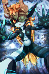 Rule 34 | 1girl, absurdres, breasts, colored sclera, colored skin, female focus, glowing, glowing markings, helmet, highres, long ears, midna, multicolored skin, neon trim, nintendo, nipples, pointy ears, pussy, red eyes, solo, the legend of zelda, the legend of zelda: twilight princess, theusualbunny, third-party edit, two-tone skin, water, yellow sclera