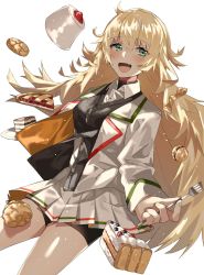 Rule 34 | 1girl, aogisa, bad id, bad twitter id, bike shorts, blonde hair, blush, breasts, buttons, cake, cookie, dessert, fang, food, fork, girls&#039; frontline, green eyes, highres, holding, holding fork, jacket, long hair, long sleeves, open mouth, pie, pleated skirt, s.a.t.8 (girls&#039; frontline), shorts, shorts under skirt, simple background, skirt, solo, wavy hair, white background, white skirt