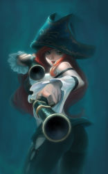Rule 34 | 1girl, ass, bling (wnsdud34), dual wielding, green eyes, gun, handgun, hat, holding, league of legends, long hair, pants, pirate hat, pistol, red hair, miss fortune (league of legends), solo, weapon, wnsdud34