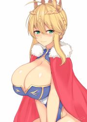 Rule 34 | 1girl, ahoge, artoria pendragon (fate), artoria pendragon (lancer) (fate), between legs, blonde hair, blue leotard, blush, braid, braided bun, breasts, bursting breasts, cape, cleavage, cleavage cutout, clothing cutout, commentary request, crown, dated, fate/grand order, fate (series), fur-trimmed cape, fur trim, green eyes, hair between eyes, hair bun, hand between legs, heart, heart-shaped pupils, heattech leotard, highleg, highleg leotard, huge breasts, kuavera, leotard, looking at viewer, looking to the side, red cape, side braid, sidelocks, signature, simple background, solo, swept bangs, symbol-shaped pupils, turtleneck, white background