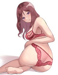 Rule 34 | 1girl, ass, blush, bra, breasts, feet, highres, lace, lace-trimmed bra, lace-trimmed panties, lace trim, large breasts, long hair, looking at viewer, love live!, mole, mole under eye, niaru (r2pi), nishikino maki&#039;s mother, panties, purple eyes, red bra, red hair, red panties, soles, solo, thighs, toes, underwear, underwear only, white background