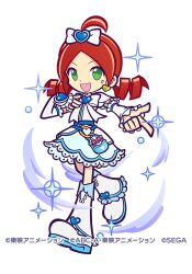 Rule 34 | 1girl, ahoge, andou ringo, bag, belt, blue dress, blue heart, bow, bowtie, company name, cosplay, cure white, cure white (cosplay), detached sleeves, dress, drill hair, earrings, frilled dress, frilled sleeves, frills, futari wa precure, futari wa precure max heart, green eyes, hair bow, hair ornament, hand on own chest, handbag, heart, heart earrings, heart hair ornament, jewelry, leg warmers, looking at viewer, magical girl, multicolored clothes, multicolored dress, official alternate costume, official art, open mouth, outstretched arm, pointing, precure, puyopuyo, puyopuyo quest, red hair, smile, solo, sparkle, twin drills, walking, white bow, white bowtie, white dress, white footwear