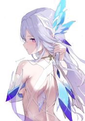 Rule 34 | 1girl, absurdres, bare back, bare shoulders, breasts, commentary request, from behind, genshin impact, grey hair, hair ornament, highres, long hair, looking at viewer, looking back, medium breasts, purple eyes, simple background, skirk (genshin impact), solo, upper body, very long hair, vitashogun, white background