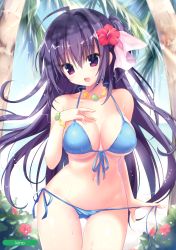 Rule 34 | 1girl, :3, :d, absurdres, ahoge, beach, bikini, bikini pull, blue bikini, bracelet, breasts, cleavage, clothes pull, day, fingernails, flower, front-tie top, hair flower, hair ornament, hand on own chest, hibiscus, highres, jewelry, kino (kino konomi), large breasts, long fingernails, long hair, melonbooks, navel, necklace, one side up, open mouth, outdoors, purple eyes, purple hair, side-tie bikini bottom, smile, solo, swimsuit, thigh gap, untied bikini, wet