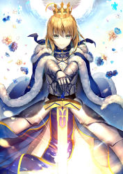 Rule 34 | 1girl, ahoge, aqua eyes, armor, armored dress, artoria pendragon (all), artoria pendragon (fate), bad id, bad pixiv id, blonde hair, braid, breastplate, cape, cowboy shot, crown, excalibur (fate/stay night), fate/stay night, fate (series), faulds, flower, french braid, fur trim, gauntlets, glowing, glowing sword, glowing weapon, hair between eyes, hands on hilt, highres, kouyafu, looking at viewer, outstretched arms, petals, saber (fate), short hair, smile, solo, sword, weapon