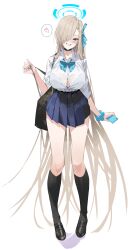 Rule 34 | 1girl, absurdly long hair, aqua bow, aqua bowtie, asuna (blue archive), asymmetrical bangs, bag, black choker, black footwear, black socks, blue archive, blue eyes, blue nails, blue skirt, blush, bow, bowtie, breasts, button gap, choker, collared shirt, commentary, conconcon1031, fingernails, full body, hair bow, hair over one eye, halo, heart, highres, holding, holding phone, kneehighs, large breasts, light brown hair, loafers, long bangs, long hair, looking at viewer, nail polish, one eye covered, partially unbuttoned, phone, pleated skirt, school bag, school uniform, scrunchie, shirt, shirt tucked in, shoes, simple background, skirt, sleeves rolled up, smile, socks, solo, spoken heart, standing, straight-on, very long hair, white background, white shirt, wrist scrunchie