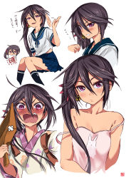 Rule 34 | &gt;:), 10s, 1girl, akebono (kancolle), alternate costume, anchor, anchor symbol, angry, arm behind back, bare shoulders, bell, black legwear, blush, camisole, character name, dustpan, fang, floral print, flower, grin, hair bell, hair between eyes, hair flower, hair ornament, holding, holding dustpan, japanese clothes, jingle bell, kantai collection, long hair, looking at viewer, looking to the side, maid, open mouth, pleated skirt, purple eyes, purple hair, rabbit, ribbon, school uniform, serafuku, side ponytail, simple background, sitting, skirt, smile, solo, strap slip, sumeragi hamao, tasuki, translation request, tsurime, v-shaped eyebrows, very long hair, wa maid, wavy mouth, white background