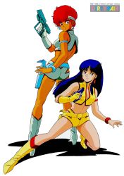 Rule 34 | 1980s (style), 2girls, ass, blue eyes, blue hair, boots, breasts, copyright name, dirty pair, earrings, gloves, gun, handgun, headband, holding, holding gun, holding weapon, holster, jewelry, kei (dirty pair), long hair, multiple girls, navel, official art, oldschool, red eyes, red hair, retro artstyle, shadow, short hair, simple background, single glove, smile, squatting, standing, tan, weapon, white background, wristband, yuri (dirty pair)