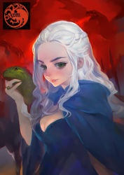 Rule 34 | 1girl, a song of ice and fire, breasts, cape, cleavage, cloak, daenerys targaryen, dragon, game of thrones, green eyes, jewelry, long hair, rhaegal, ring, truelion, white hair