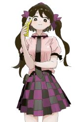 1girl black_necktie black_skirt brown_eyes brown_hair cellphone checkered_clothes checkered_skirt closed_mouth commentary_request cowboy_shot flip_phone frilled_shirt_collar frills hair_ribbon happy hat highres himekaidou_hatate holding holding_phone long_hair necktie phone pink_shirt pleated_skirt pouch puffy_short_sleeves puffy_sleeves purple_hat purple_ribbon purple_skirt ribbon shirt short_sleeves simple_background skirt smile solo tokin_hat touhou uzou_ck0l65ckol47909 very_long_hair white_background