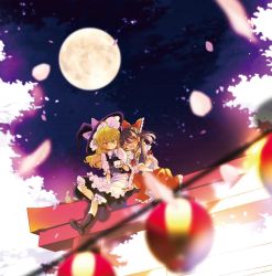 Rule 34 | 2girls, ahoge, apron, ascot, blonde hair, blurry, blurry foreground, boots, bottle, bow, braid, brown hair, closed eyes, commentary request, detached sleeves, frilled bow, frills, full moon, hair bow, hair tubes, hakurei reimu, hat, highres, kirisame marisa, lantern, leaning on person, long hair, moon, multiple girls, neck ribbon, night, nontraditional miko, paper lantern, petals, poprication, puffy short sleeves, puffy sleeves, red bow, ribbon, ribbon-trimmed sleeves, ribbon trim, sake bottle, shirt, short sleeves, torii, touhou, tree, vest, waist apron, white shirt, wide sleeves, witch hat, yellow eyes