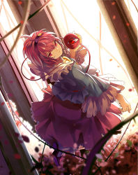 Rule 34 | 1girl, backlighting, blouse, blurry, depth of field, eredhen, expressionless, floating, flower, frilled skirt, frills, hairband, heart, highres, komeiji satori, legs up, light, long sleeves, looking at viewer, looking to the side, perspective, petals, pink eyes, pink flower, pink hair, pink rose, pink skirt, plant, purple footwear, red eyes, rose, shirt, shoes, short hair, skirt, socks, solo, sunlight, third eye, thorns, touhou, vines, white socks, wide sleeves
