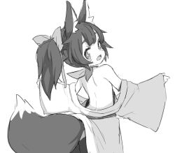 Rule 34 | 1girl, animal ears, back, done (donezumi), female focus, fox ears, fox tail, from behind, looking back, monochrome, open mouth, original, ponytail, solo, tail, white background
