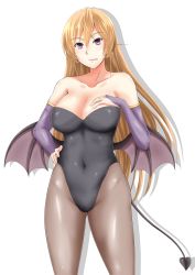 Rule 34 | 10s, 1girl, :p, alternate costume, bad id, bad pixiv id, bare shoulders, black pantyhose, blonde hair, blush, breasts, bridal gauntlets, cleavage, collarbone, covered navel, cowboy shot, demon girl, demon tail, demon wings, green kaminari, halloween, halloween costume, hand on own hip, hand on own chest, happy halloween, highleg, highleg leotard, highres, large breasts, leotard, long hair, looking at viewer, low wings, nakiri erina, pantyhose, playboy bunny, purple eyes, shokugeki no souma, solo, star (symbol), tail, tongue, tongue out, white background, wings
