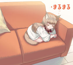 Rule 34 | 1girl, 40hara, all fours, animal collar, animal ear fluff, animal ears, blonde hair, blunt bangs, cat ears, cat tail, closed eyes, collar, couch, highres, kinako (40hara), long hair, original, oversized clothes, oversized shirt, print shirt, red collar, shirt, sleeping, solo, t-shirt, tail