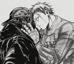Rule 34 | 2boys, aikawa (dorohedoro), alternate costume, bara, black hair, black hoodie, couple, dorohedoro, facial mark, florbetriz, gloves, greyscale, heads together, helmet, highres, holding, holding another&#039;s head, hood, hood down, hoodie, long sleeves, looking at another, male focus, monochrome, multicolored hair, multiple boys, risu (dorohedoro), simple background, two-tone hair, upper body, yaoi