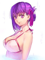 Rule 34 | 1girl, alternate hairstyle, azusa (hws), bare shoulders, bikini, breasts, cleavage, collarbone, fate/stay night, fate (series), hair up, large breasts, matou sakura, official alternate costume, partially submerged, purple eyes, purple hair, solo, swimsuit, upper body, water