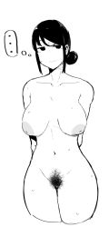 Rule 34 | 1girl, blank eyes, breasts, female pubic hair, fujou joshi, greyscale, highres, inverted nipples, large areolae, medium breasts, monochrome, navel, ponytail, pubic hair, solo, sweat, thighs