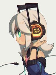 Rule 34 | 1girl, absurdres, aqua eyes, bare shoulders, blue jacket, commentary, digitan (porforever), drawstring, electric plug, english commentary, eyes visible through hair, grey background, hand up, headphones, highres, jack-o&#039;-lantern, jacket, long hair, looking at viewer, official art, original, pink shirt, porforever, shirt, simple background, sleeveless, sleeveless shirt, smile, solo, star-shaped pupils, star (symbol), symbol-shaped pupils, watch, white hair, wristwatch