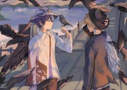 Rule 34 | 2boys, adair (juicelooped), aoyagi touya, bird, bird on hand, black pants, blue hair, closed mouth, collared shirt, commentary, cowboy shot, crow, dark blue hair, fedora, grey eyes, hat, highres, long sleeves, male focus, multicolored hair, multiple boys, official alternate costume, orange hair, outdoors, pants, project sekai, shinonome akito, shirt, short hair, signature, standing, two-tone hair, walk on and on (project sekai)