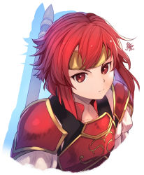Rule 34 | 1girl, armor, closed mouth, fire emblem, fire emblem: mystery of the emblem, fire emblem heroes, headband, highres, minerva (fire emblem), nakabayashi zun, nintendo, red eyes, red hair, short hair, simple background, solo, white background, yellow headband, aged down
