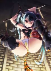 Rule 34 | 1girl, alice (queen&#039;s gate), aqua hair, bdsm, black thighhighs, bondage, bound, foreshortening, frogtie, highres, long hair, one eye closed, panties, pee, peeing, peeing self, queen&#039;s blade, queen&#039;s gate, ralfu, red eyes, spread legs, spreader bar, suspension, thighhighs, thighs, torn clothes, twintails, underwear, wet, wet clothes, wet panties, white panties, wink