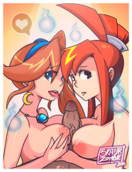 Rule 34 | 1boy, 2girls, ace attorney, athena cykes, breasts, brown hair, capcom, company connection, cooperative paizuri, crossover, ghost trick, heart, large breasts, lynne (ghost trick), multiple girls, nipples, orange hair, paizuri, penis, phoenix wright: ace attorney - dual destinies, side ponytail, skajrzombie, spoken heart, teamwork, uncensored